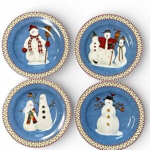 4~Vintage Debbie Mumm Sakura 8" Snowman Plates – Winter Folk Art 1998**